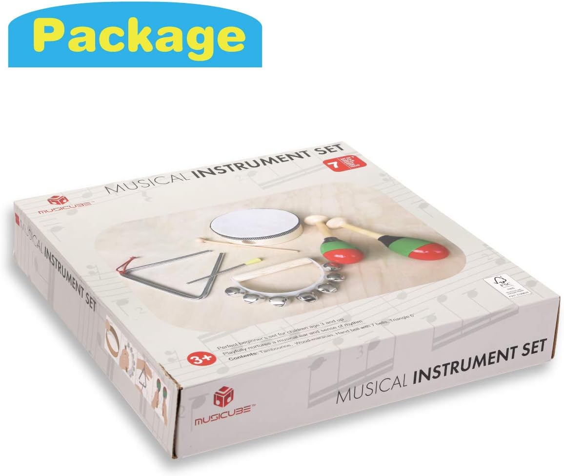 MUSICUBE 7 Pcs Kids Wood Musical Instruments, Percussion Set with Drums for Kids Children Musical Toys for School, Music Center: Toys & Games