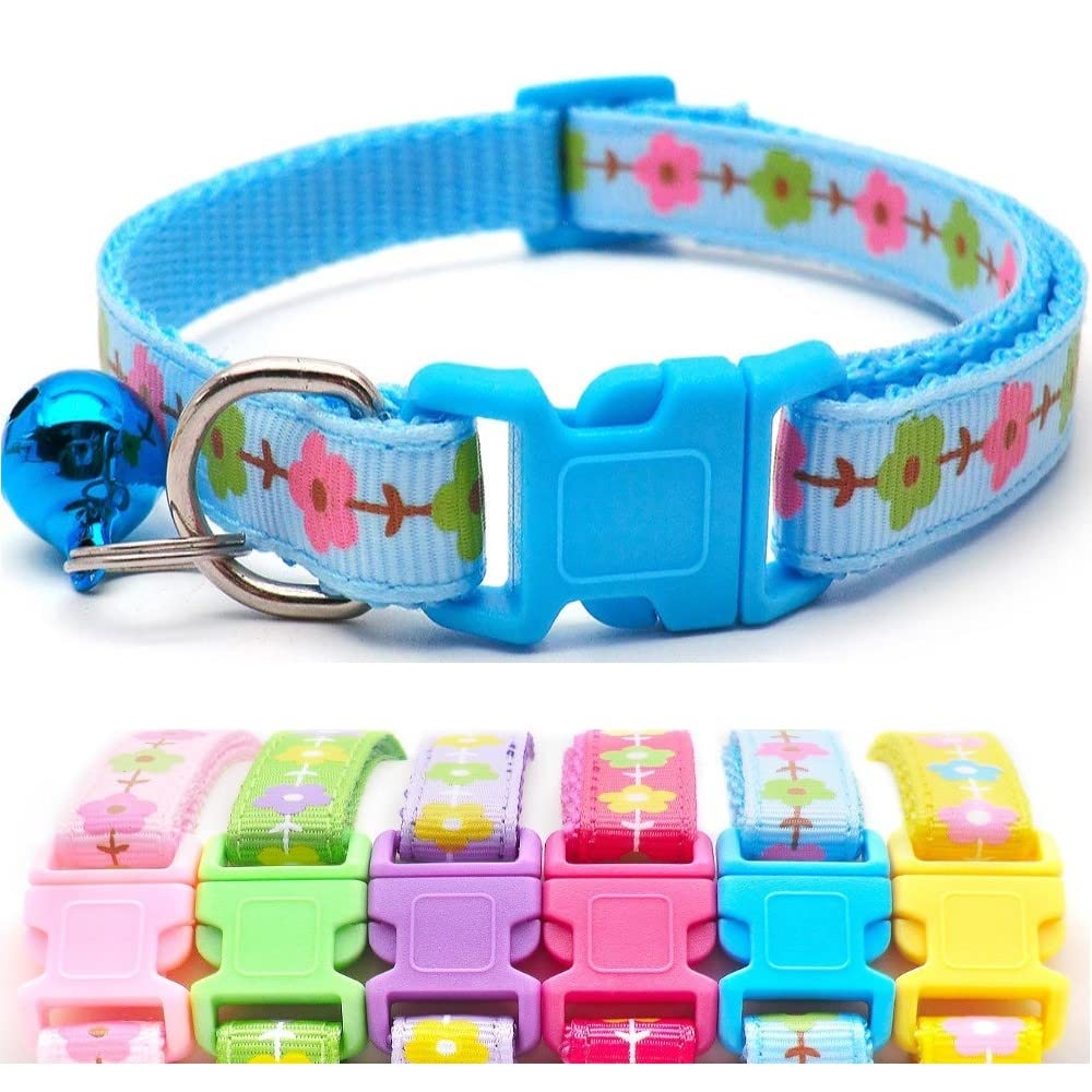 Small Dog Puppy Pet Collar Flower Floral Design with Bell Nylon Adjustable Size 19-32cm Blue