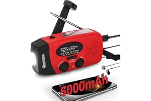TIEMAHUN Emergency Solar Hand Crank Radio with LED Flashlight, 5000mAh Portable AM/FM NOAA Weather Radio with SOS Alarm, USB-C Charged & Headphone Jack for Camping (Red)