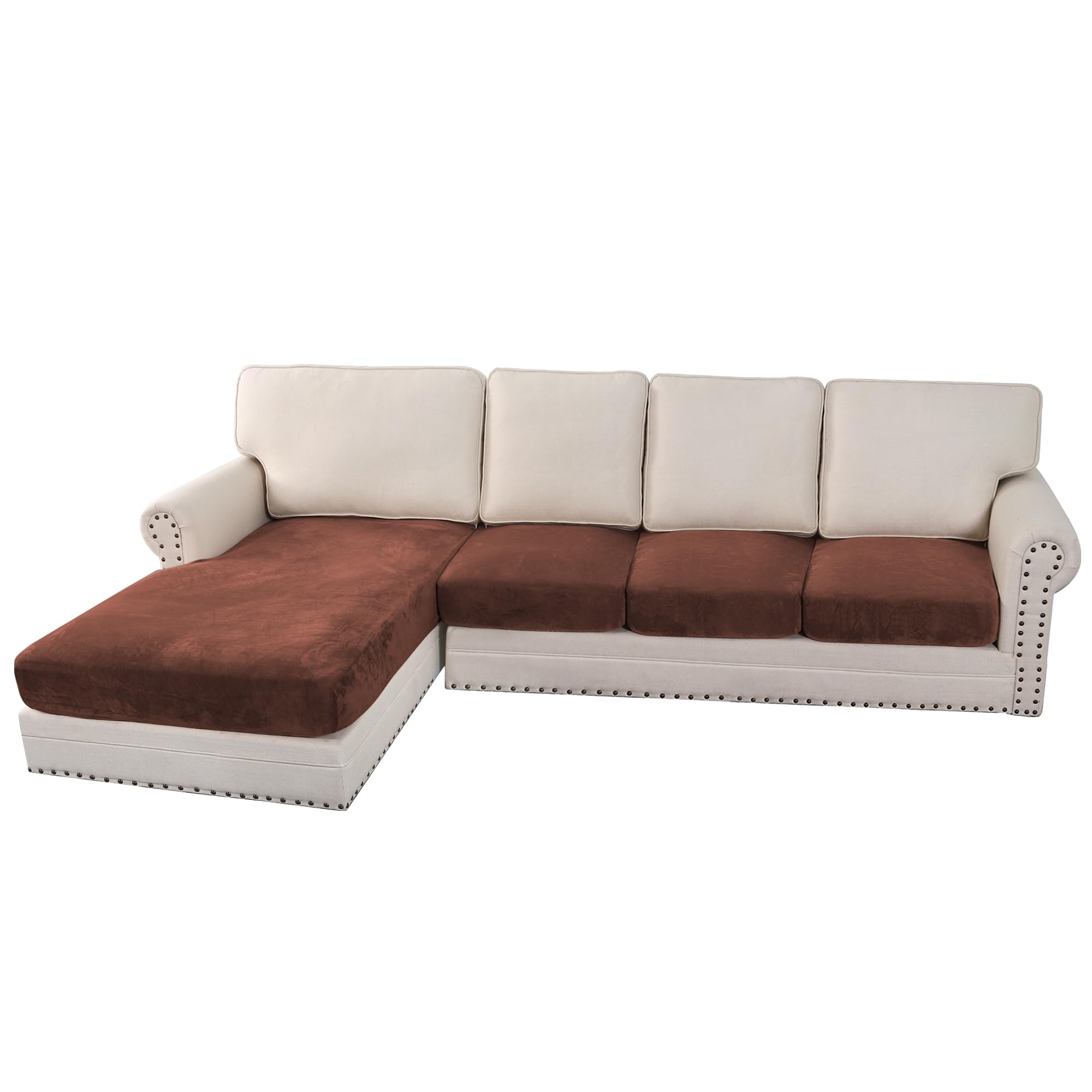 Photo 1 of H.VERSAILTEX Velvet Stretch Sectional Couch Covers 4 Pieces Sofa Seat Cushion Covers L Shape Separate Couch Cover for Both Left/Right Sectional Couch (Large Sofa 3 Seater + 1 Chaise, Burnt Brick)