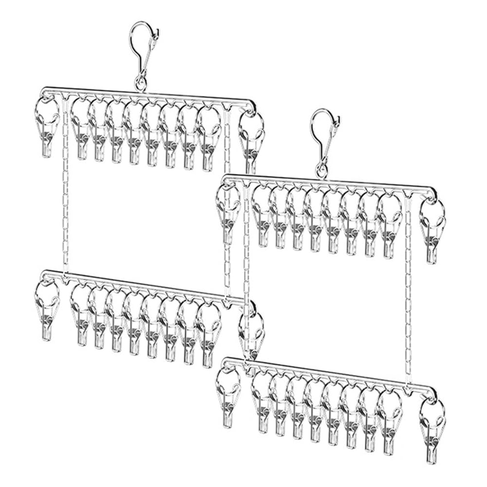 ONEBO 2 Pcs Bilayer Metal Sock Hanger,Stainless Steel Drying Rack Laundry,with 10 Pegs Drying Towels,for Drying Shoes,Socks,Bras,Towel, Underwear,Hat,Gloves