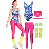 80s Workout Costume for Women Adult Aerobics Outfit Yoga Jumpsuit 90s Retro Accessories Set Leotard Legging Headband