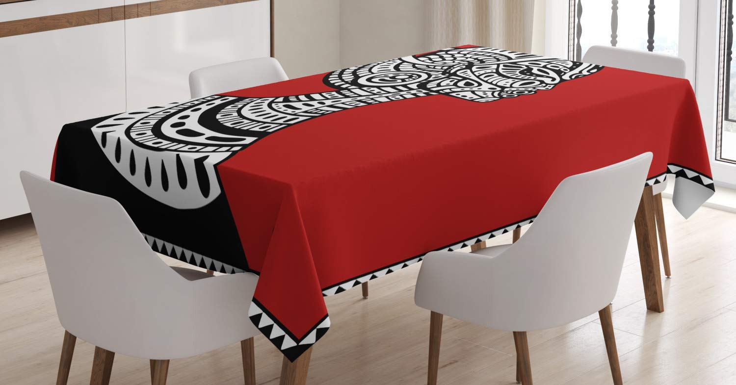 ABAKUHAUS African Tablecloth, Hand Drawn Ethno Cultural Themed Portrait Complex, Dining Room Kitchen Table Cover, 54" x 78", White Black Ruby