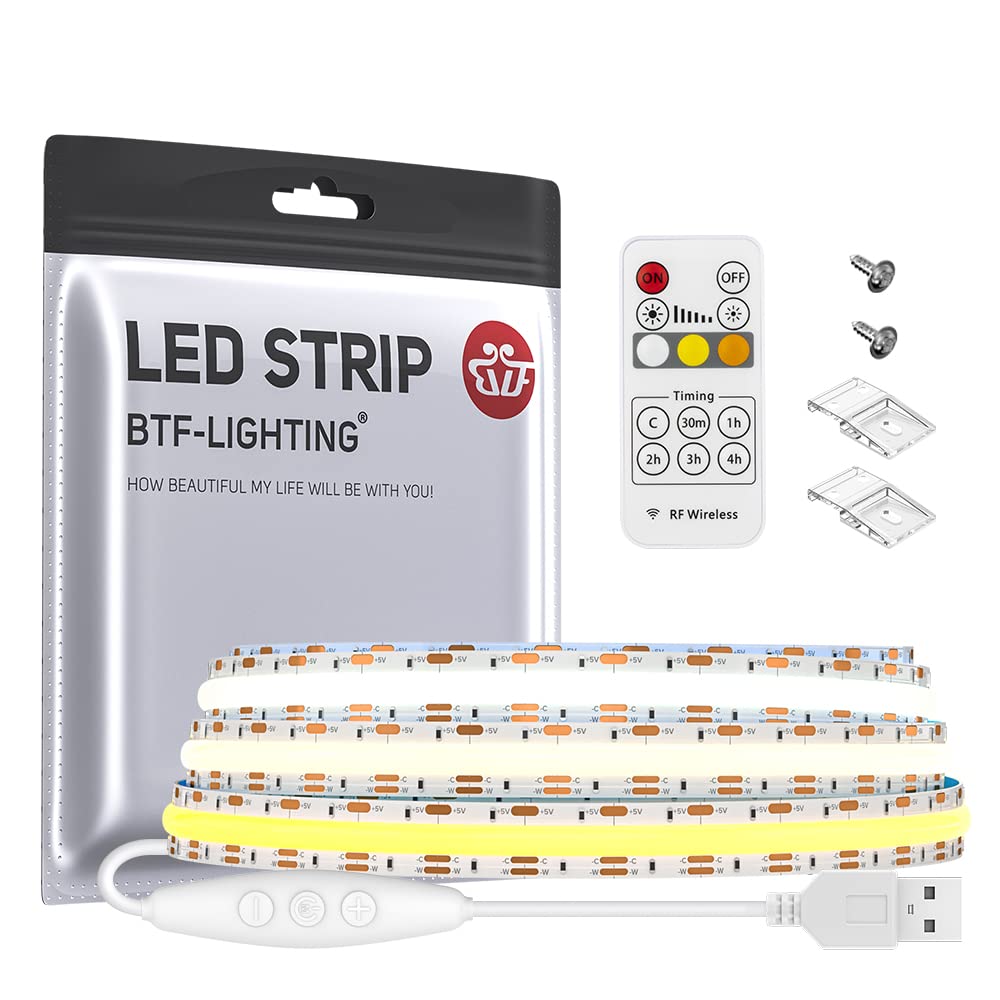 BTF-LIGHTING FCOB CCT USB LED Kit 1M 640leds/m COB FOB CCT White PCB DC5V IP30 Non-Waterproof LED Strip with RF Remote Controller and 2pc Fixing Clips und Screws for DIY Home Decoration