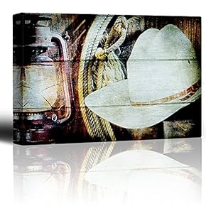 Lantern Cowboy Hat and Rope Hanging on barn Wall - Americana - Rustic Country Setting - Canvas Art Home Art - 12x18 inches
