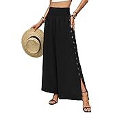 Women’s High Waist Wide Leg Pants Side Button Split Palazzo Pants Loose Summer Beach Trousers with Smocked Waist