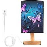 YETTASBIN Purple Blue Butterfly Bedside Table Lamp, Small LED Desk Light USB Nightstand Lamp with Non Slip Wood Base & Eye-Friendily Lampshade for Living Room Bedroom Dorm Home Office Desk Decor