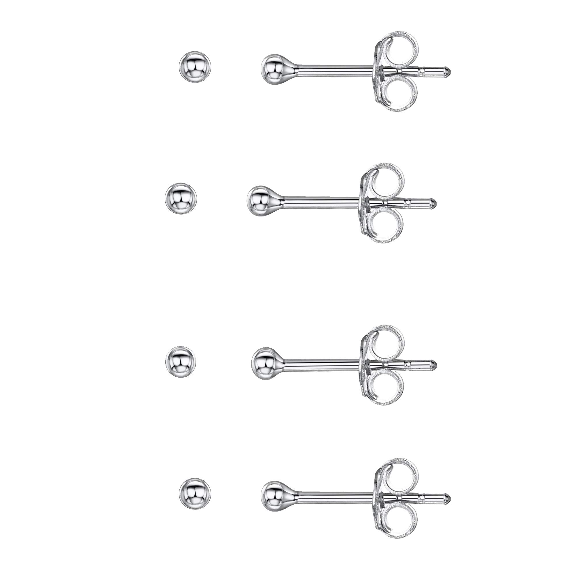 Amberta 925 Sterling Silver - 2 Pairs of Earrings for Women - Ear Piercing Studs 2 mm - Set of 4 - Tiny Size