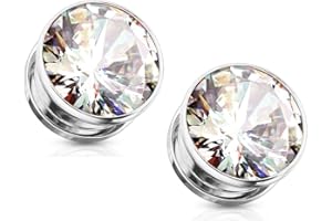 Pierced Owl Stainless Steel Bezel Set Clear Gem Screw Fit Plug Gauges, Sold As Pair