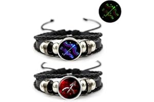 AKTULLY 2Pcs Multilayer Constellation Zodiac Leather Bracelet Vintage Black Leather Bracelet Adjustable Handmade Woven Bracelet Birthday Trendy Jewelry for Women Men