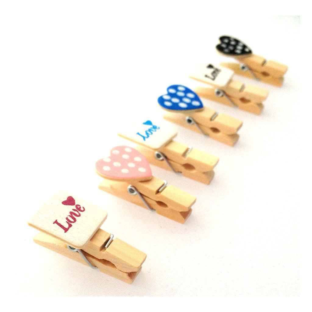 LWR CRAFTS Wooden Mini Clothespins Love and Heart 24 Pieces and Jute Cord 2.4m(A)
