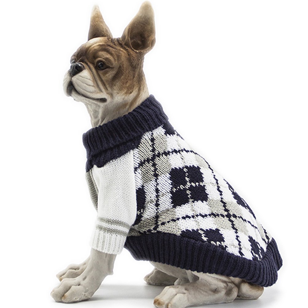 BOBIBI Dog Sweater of The Diamond Plaid Pet Cat Winter Knitwear Warm Clothes,Navy,Large