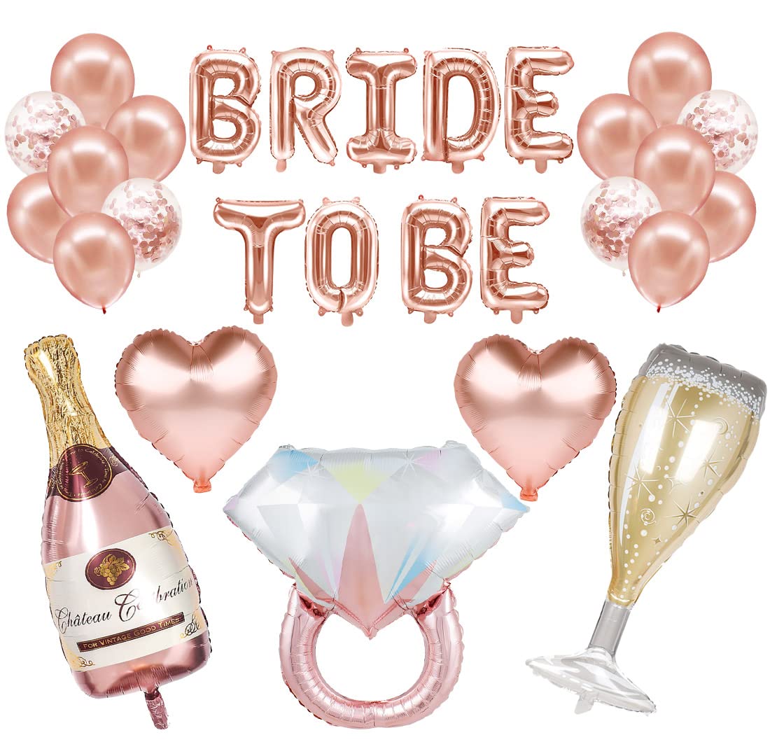Yueshop Rose Gold Hen Party Decoration Balloons, 1 pc Bride to BE Letter Balloons, 14 pcs Latex Balloons, 5 pcs Different Shape Foil Balloons, 10M Rose Gold Ribbon for Bridal Shower Decoration