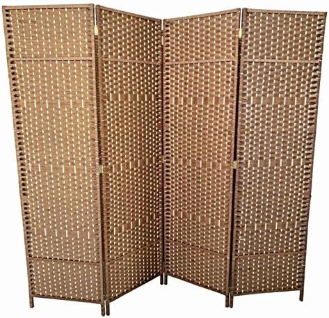 Urnporium Woven 4 Panel Room Divider with Solid Wood Frame Oriental Partition Screen, Cherry Mahogany