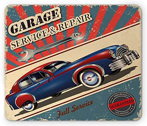 Man Cave Mouse Pad, Vintage Garage Service and Repair Mechanic Fifties Aged Poster Design Retro Design, Standard Size Rectangle Non-Slip Rubber Mousepad, Multicolor