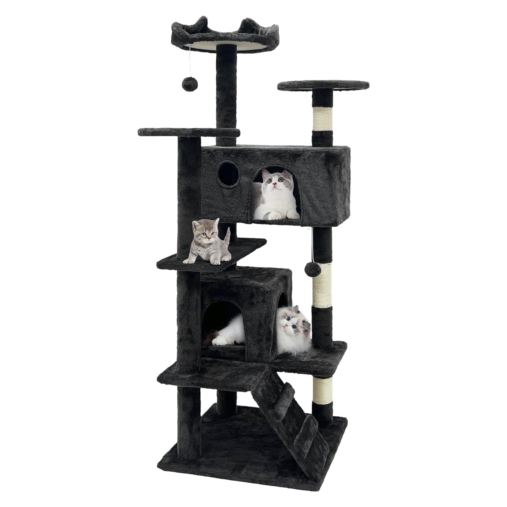 GRANDMA SHARK Cat Tree Tower 49 x 49 x 138.5 cm, Cat Condos with Sisal Scratching Posts Cat Play House and Rest Place, Black