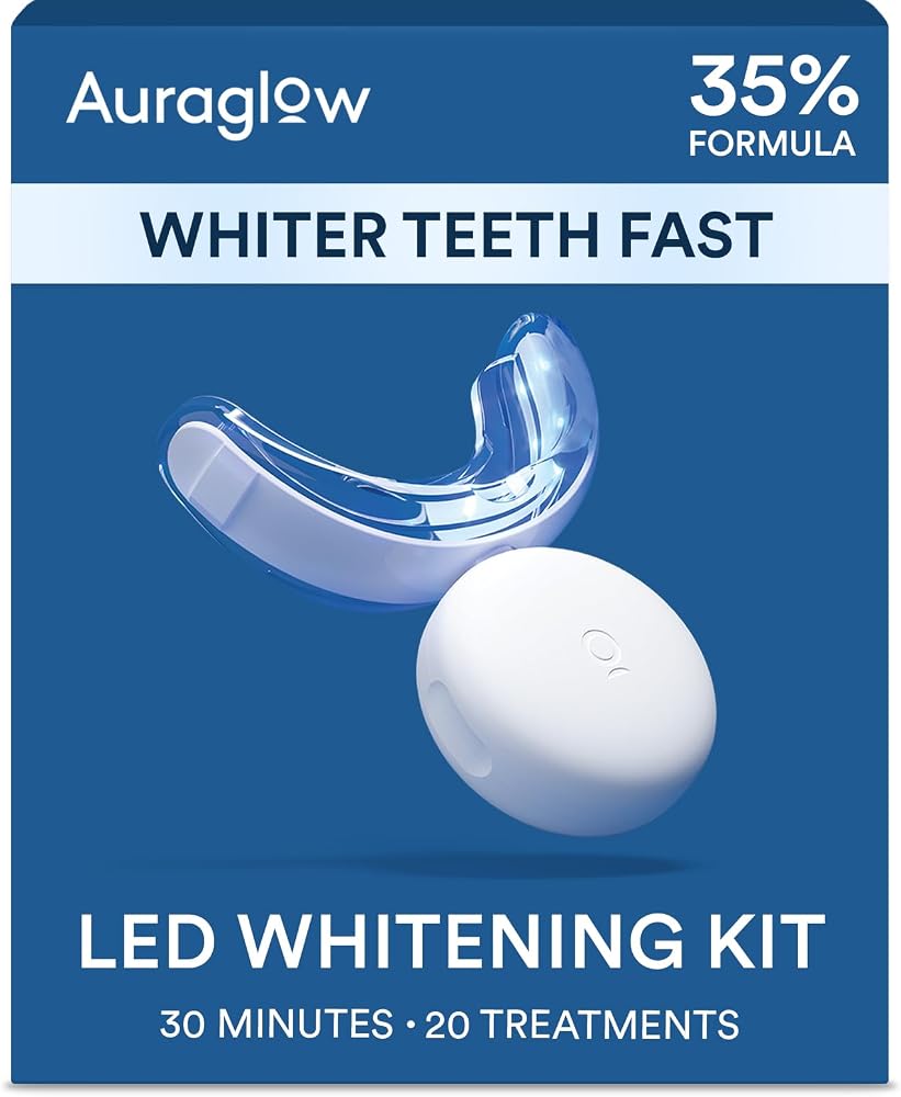 Auraglow Teeth Whitening Kit, LED Accelerator Light, 35% Carbamide Peroxide Teeth Whitening Gel, 20+ Whitening Treatments, Wh