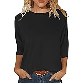 JomeDesign Womens Tops 3/4 Sleeve Shirts Round Neck Loose Casual Blouses Solid Color Tshirts