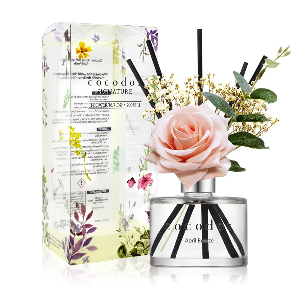 Cocod'or [COCODOR/April Breeze] Reed diffuser oil 200ml with Rose, Eucalyptus and Preserved Flower sticks. Best for Home, Kitchen, Bathroom. Diffusers with Sticks