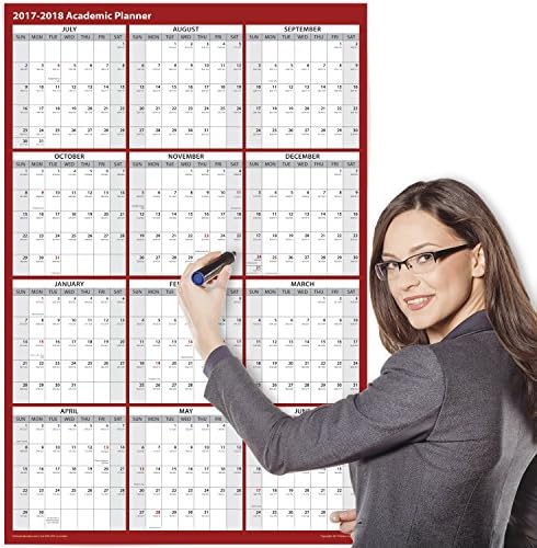 2017 - 2018 Academic Wall Calendar, Erasable, 24 x 36 Inches, 2-Sided Reversible Vertical/Horizontal, Mounting Tape Included (Red)