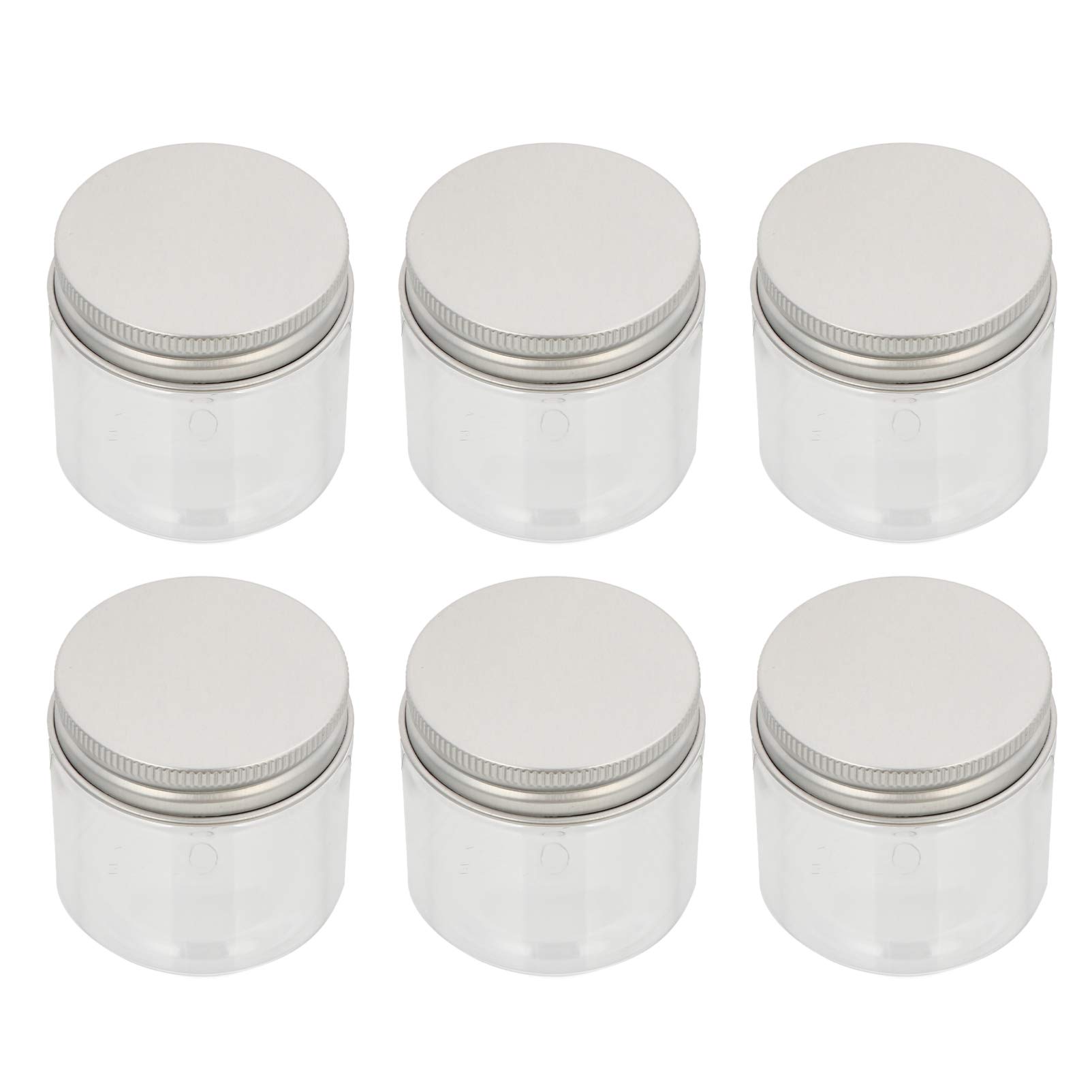 FRCOLOR 6pcs Round Clear Jars Plastic Empty Cosmetics Sample Containers Travel Mineralized Makeup Bottle Holder with Screw Aluminum Cap for Creams Balms Lotions 50g