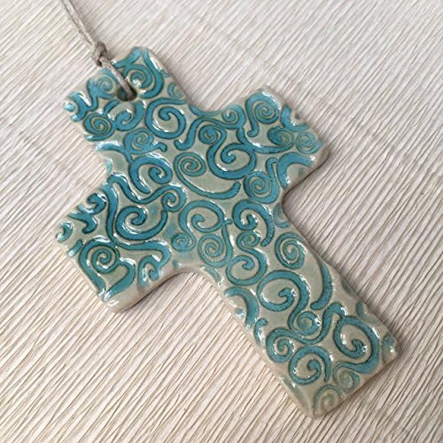 JANECKA Turquoise Swirl Cross Ornament 3.5" x 2.25" ( Set of 2 ) Handcrafted Pottery / Essential Oil Diffuser