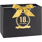 FUNCANDLE Black Gold Happy 18th Birthday Gift Bag with Greeting Handles and Ribbon Decorations Girls Boys 18 Year Old Birthday Gift Wrapping Bag for Party Favors Elegant Supplies