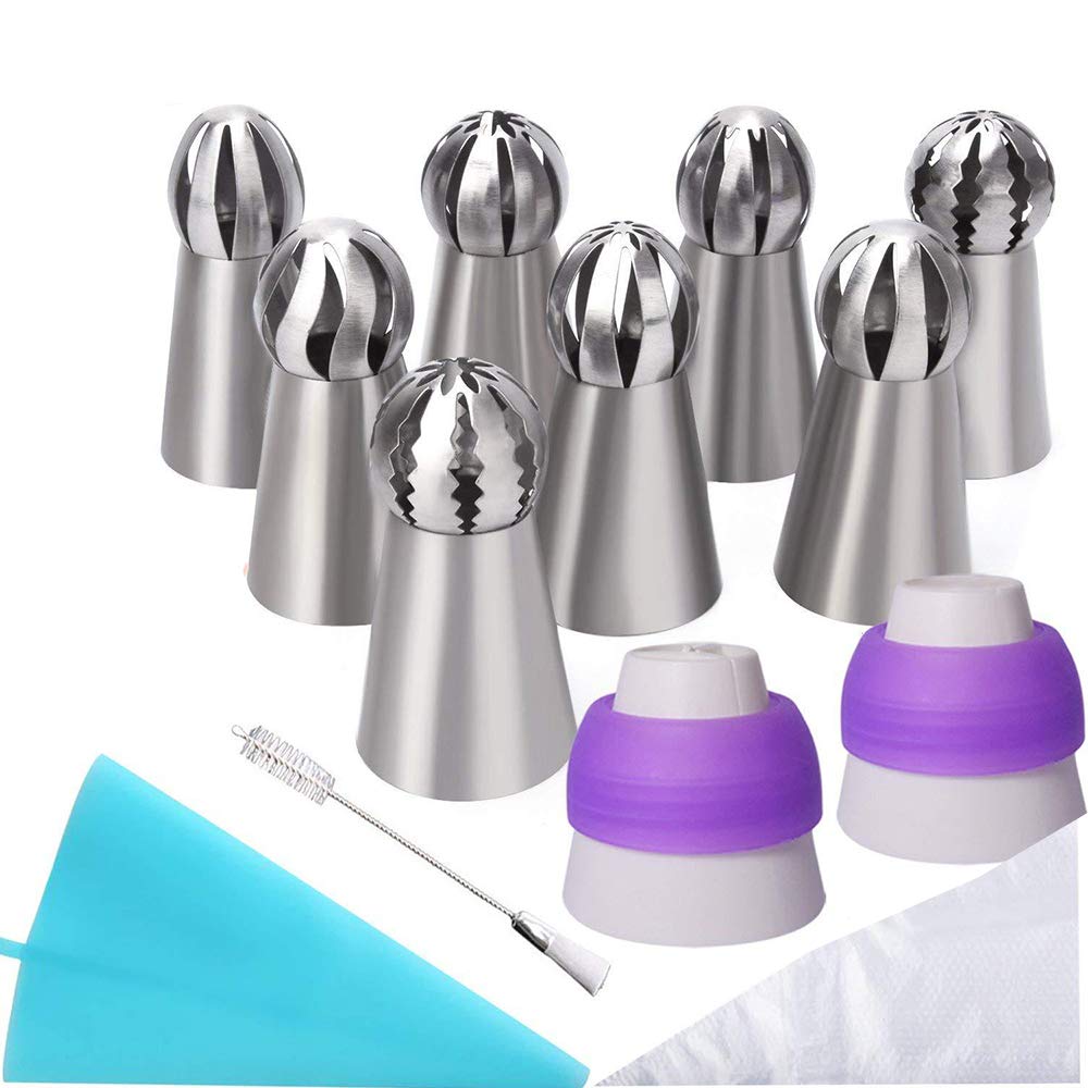 22 Pcs Russian Piping Tips Set, DesignerBox 8 Pcs Stainless Steel Russian Piping Ball Tips Icing Nozzles Set with 2 Couplers, 1 Silicone Bag,1 Cleaning Brush and 10 Disposable Pastry Bags (#1)
