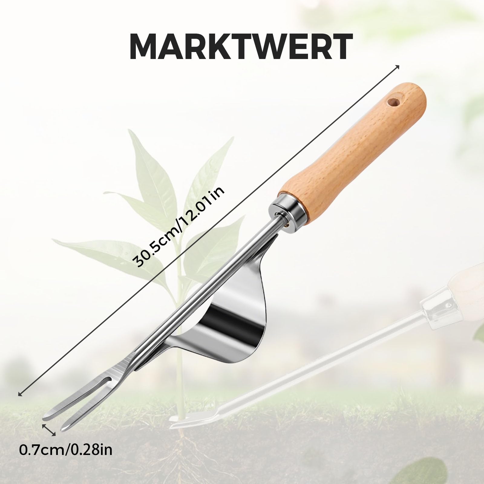 Generisch Unkrautentferner Länge 30cm, 2026 Neu Wurzeljäter mit Holzgriff, Unkrautstecher Edelstahl, 2-in-1 Unkrautrechen und Gartenhacke, Garden Hand Weeder zum Graben, Jäten, Lösen (1PC) 5