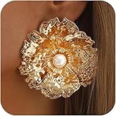 Unique Retro Gold Big Metal Flower Pearl Earrings for Women Trendy Exaggerated Hammered Large Floral Earring Punk Prom Party Jewelry Gift Accessory