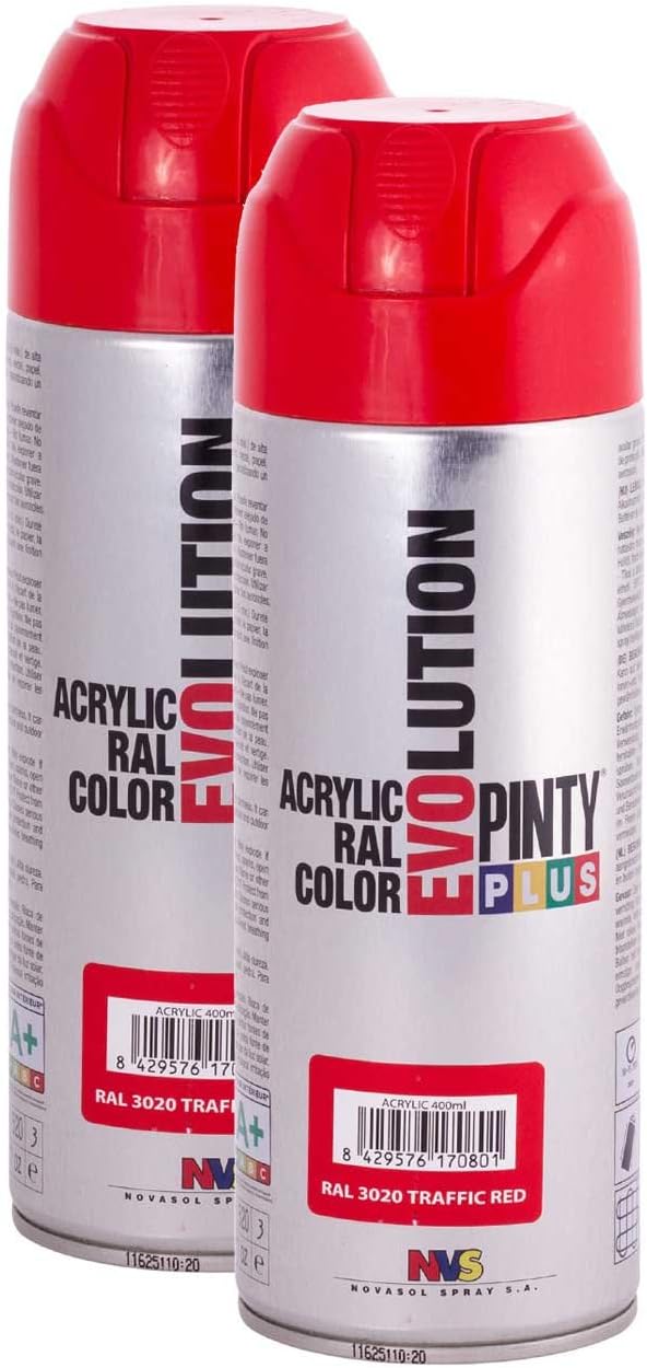 Pintyplus Evolution Spray Paint - Traffic Red - RAL 3020 - 11oz Cans Pack of 2 - Fast Dry, Acrylic Spray Paint for Metal, Wood, Stone, Cardboard and Paper