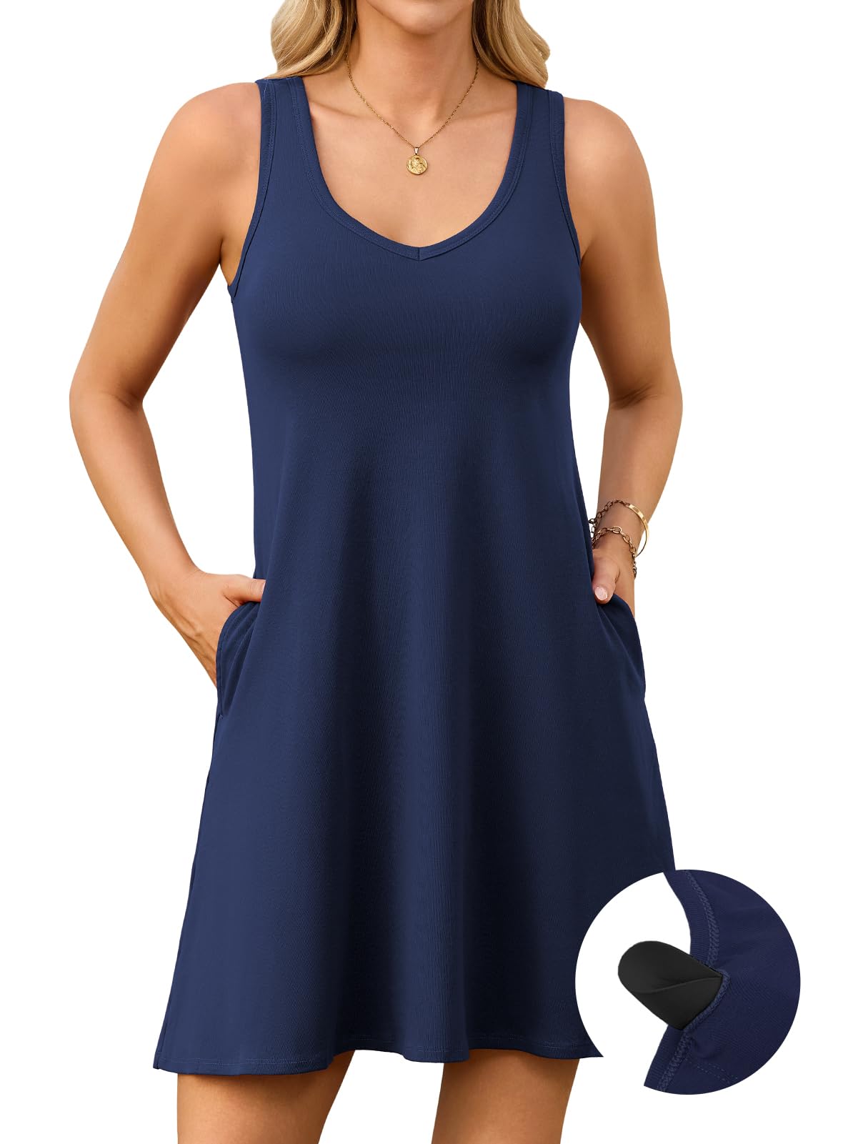 Sommer Navy Cotton Blend V Neck Dress