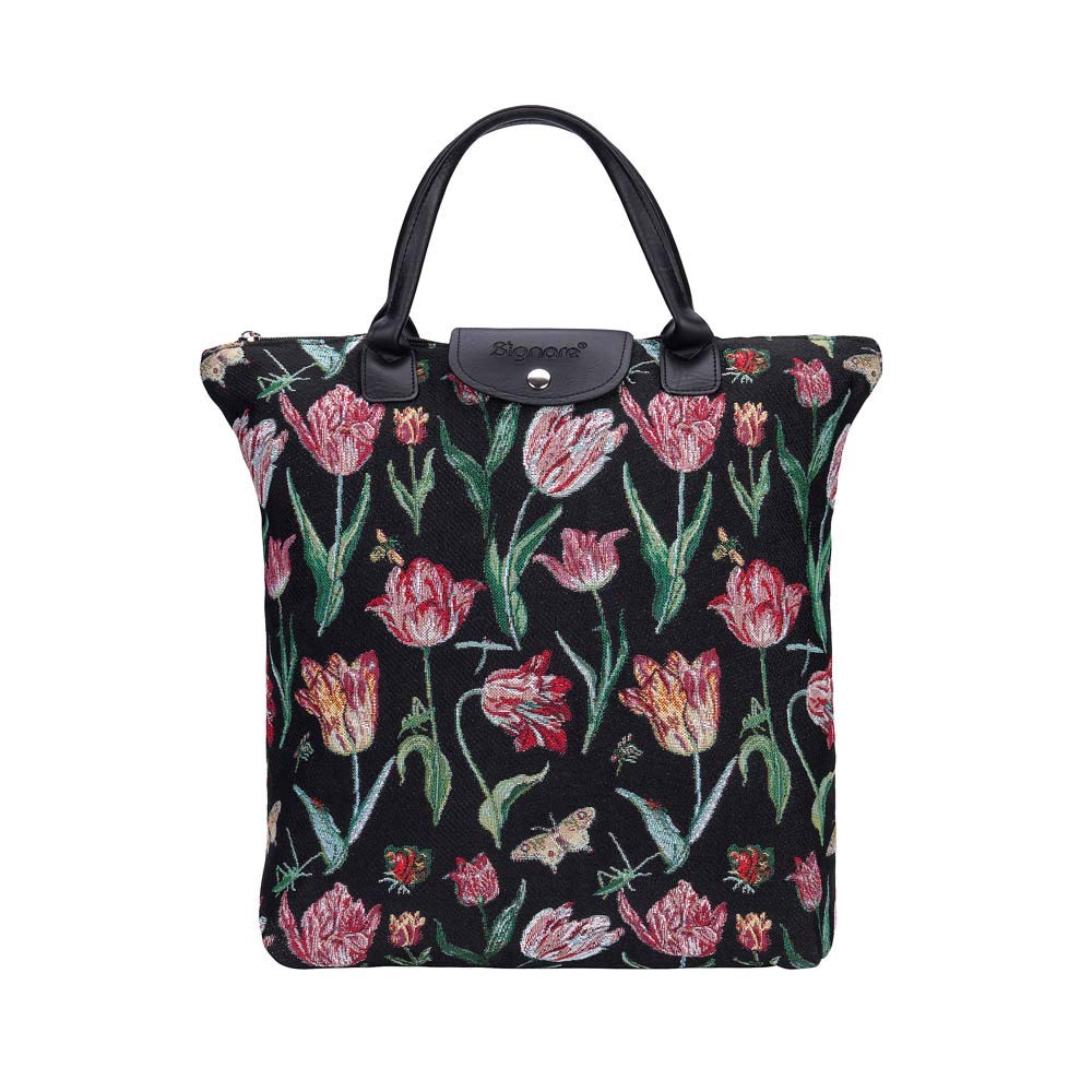 Signare Tapestry Foldable Tote Bag Reusable Shopping Bag Grocery Bag with Floral Design (FDAW-JMTBK)