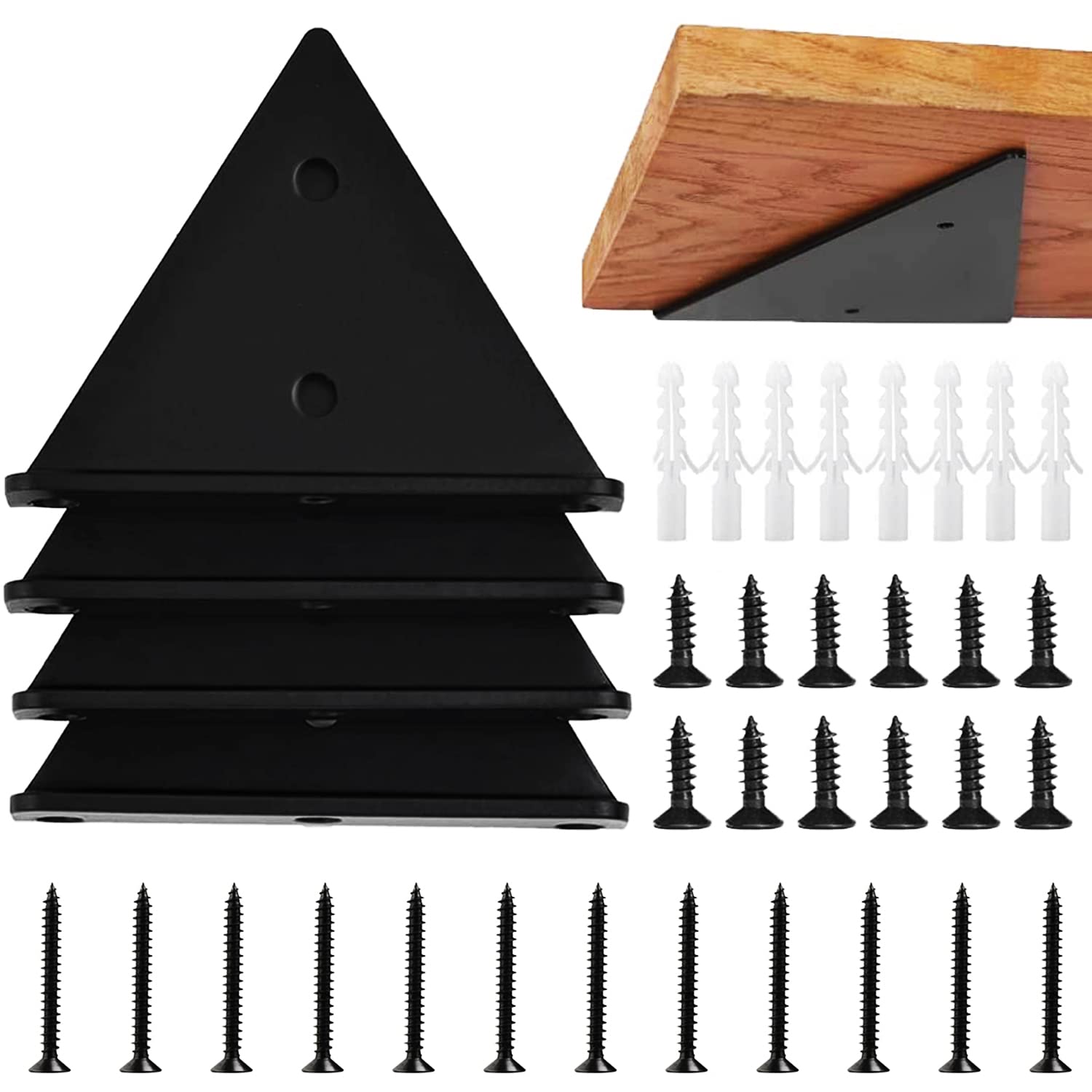 Halyuhn Floating Shelf Bracket 4 x 3 inches for Small Floating Wood Shelves, Black Hidden Floating Shelves Brackets, 4 Pcs Triangle Shelf Brackets with 2inch Anchors Screws for Home Decoration
