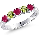 Gem Stone King 925 Sterling Silver Red Ruby and Green Peridot Wedding-Bands Ring For Women | 1.16 Cttw | Round 3.5MM | Gemstone July Birthstone