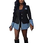 Luotasia Casual Denim Jackets for Women,Long Sleeve Button Patchwork Suit Jacket Lapel Business Blazers