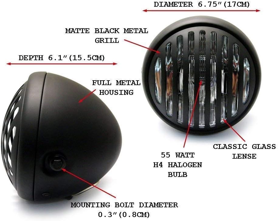 Alchemy Parts Motorbike 6.75" Matt Black H4 / 55W Headlight with Grill front for Cafe Racer Choppers, matte black - Image 3
