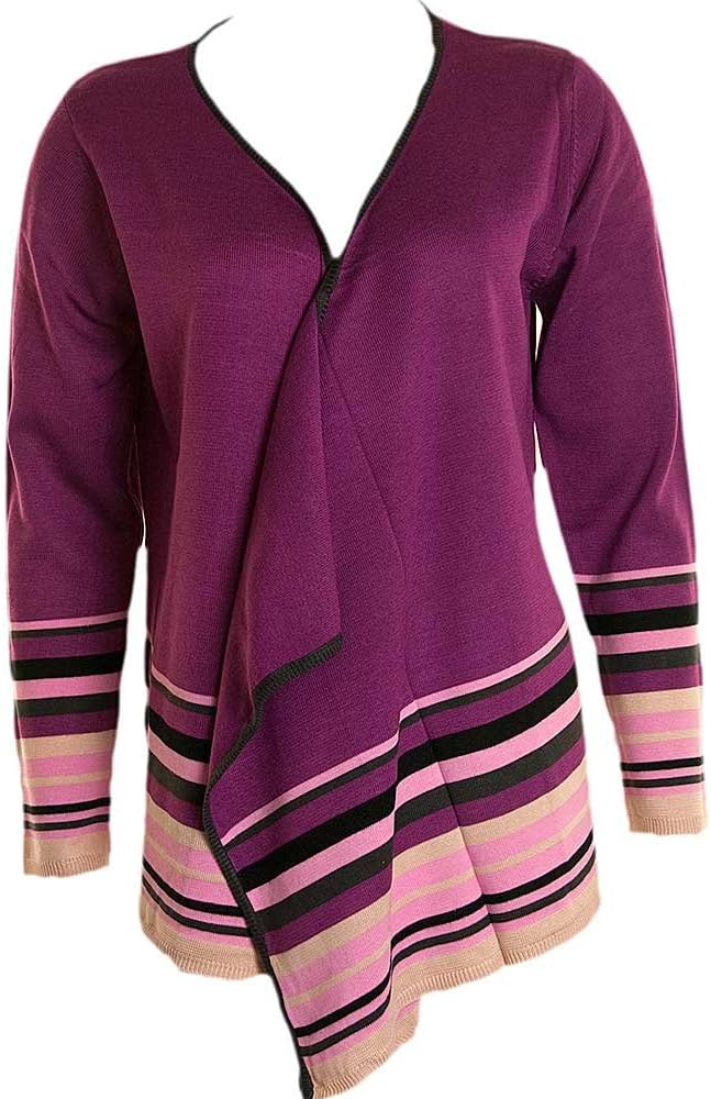 Ladies Janique Soft Acrylic Loose Fit Waterfall Drape Swing Long Striped Cardigan - Purple - Size 16