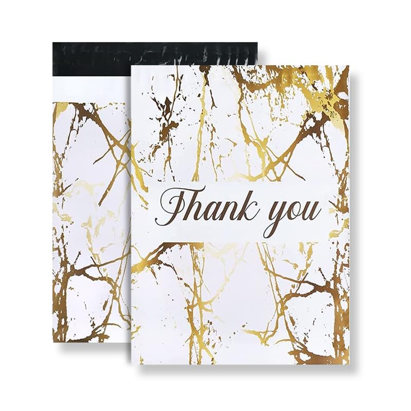 100x Poly Mailer Bag Mailing Postal Bags Gifts Shipping Wrapping Design Pattern Designer Envelope for Parcel Mail 25x33CM (10x13 Inch) - White Gold Thank You