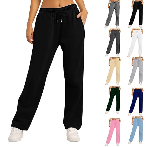 Joggers for Women UK,Women's Casual Joggers Sweatpants Solid Color Drawstring High Waist Wide Leg Pants with Pockets,Black,S