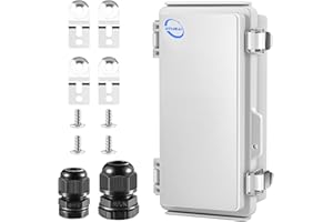 RTHIEAI Waterproof Outdoor IP67 Junction Box (7.9"x3.9"x2.8") with Mounting Plate, Hinged Grey Cover and Wall Brackets - Weatherproof ABS Plastic Electrical Enclosure for DIY Projects (200x100x70mm)