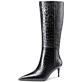 Women's Pointed Toe Kitten Heel Knee High Boots Stone Pattern Side-Zip Stiletto Boots for Fall Winter Black Lines Size 10
