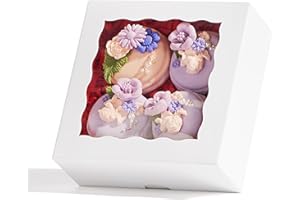 RomanticBaking 21PCS 5x5x2 Inch Bakery Boxes,Cookie Boxes with Window, Pastry Boxes for Macaroon Dessert Cupcake Donut Pastry