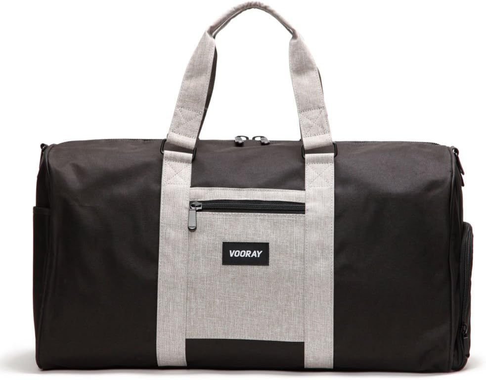 Vooray Trepic 43L Weekender Duffle Bag with Shoe Pocket and Laundry Bag, Black/Heather Gray