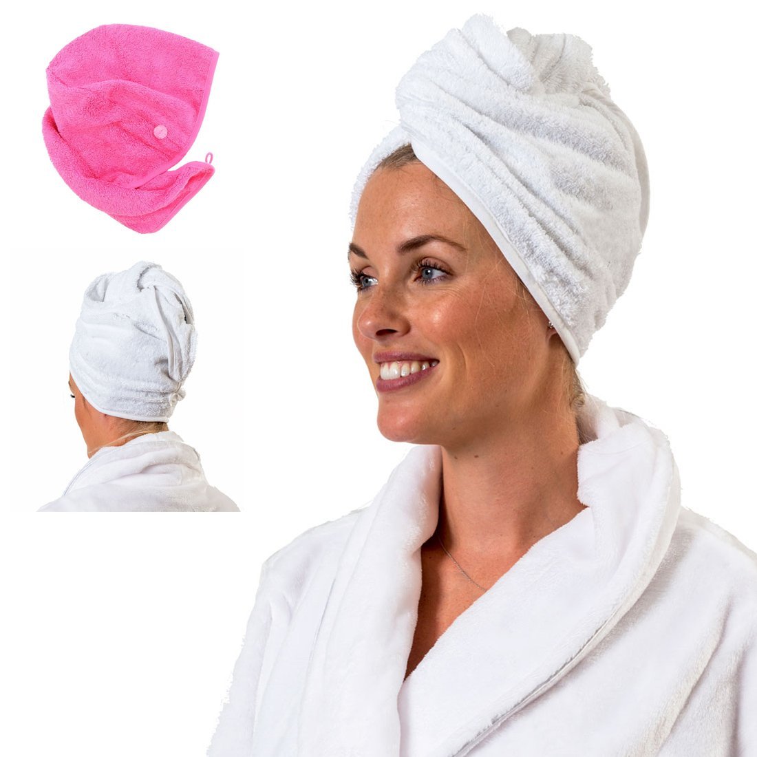 Aztex Luxury Hair Turban, Head Wrap, Hair Drying Towel with Loop and Button Fastener, Absorbent and Lightweight Cotton, Multiple Colours, 64 x 23cm - White