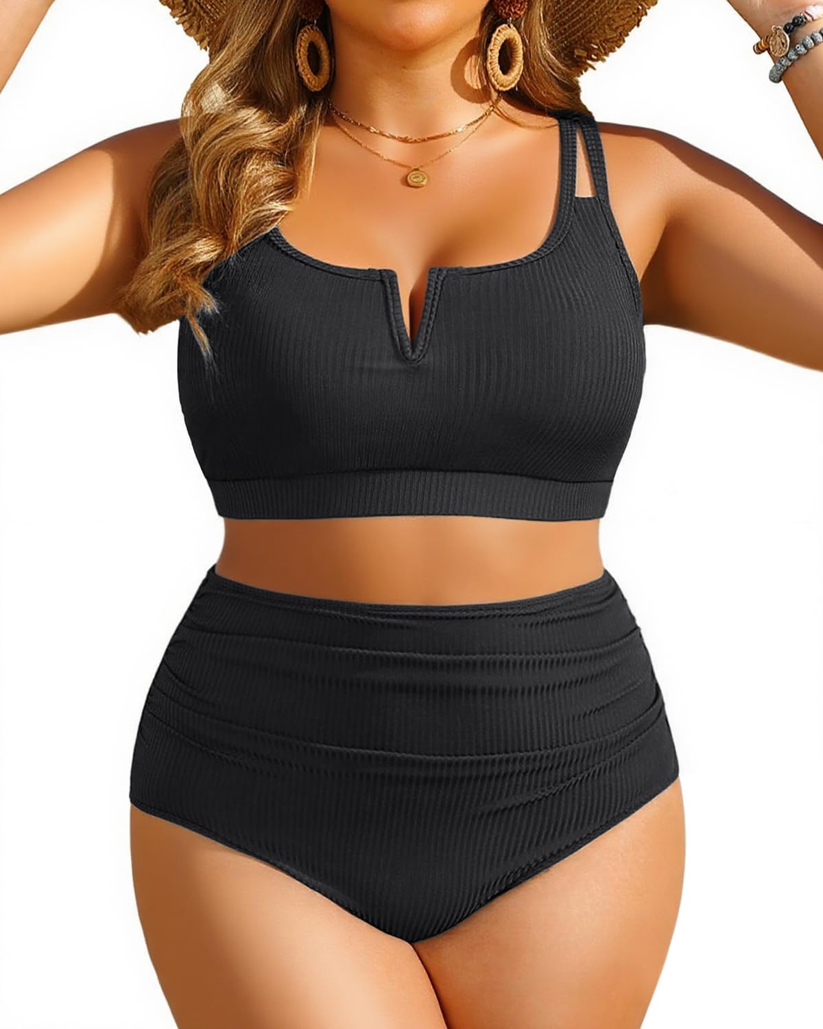 Photo 1 of Women Plus Size High Waisted Bikini - Ribbed Two Piece Swimsuit Tummy Control Bathing Suit V-Wired 2025 Swimwear Black 16W