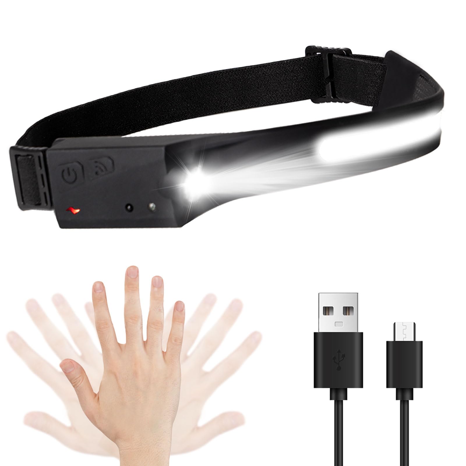 LQWELL® Head Torch LED Rechargeable, COB Wide Beam & Spotlight Type-C USB Charging HeadLamp, 5 Mode Waterproof Headlight with Motion Sensor for Night Running, Fishing, Cycling, Camping, Repairing