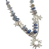 QLYOVWE Natural Stone Healing Necklace Gothic Boho Star Sun Necklace for Women Crystal Beaded Choker Necklace Handmade Irregular Stone Bead Necklace Christmas Birthday Gifts
