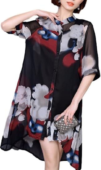 Amazon セレクトショップブルー ロング シフォン シャツ 柄 ガウン 大人 チュニック ワンピース 五分袖 ブラウス 3xl レッド ワンピース チュニック 通販