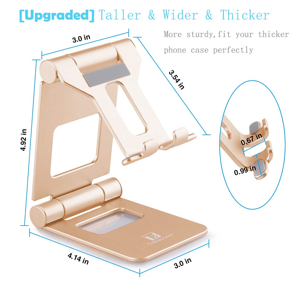 Cell Phone Stand Adjustable, ToBeoneer T8 Desk Phone Holder [Upgraded] Multi-Angle Phone Dock Thicker Wider Taller for All Mobile Phone Tablet [Up to 10 in] Home Office Décor Accessories, Gold